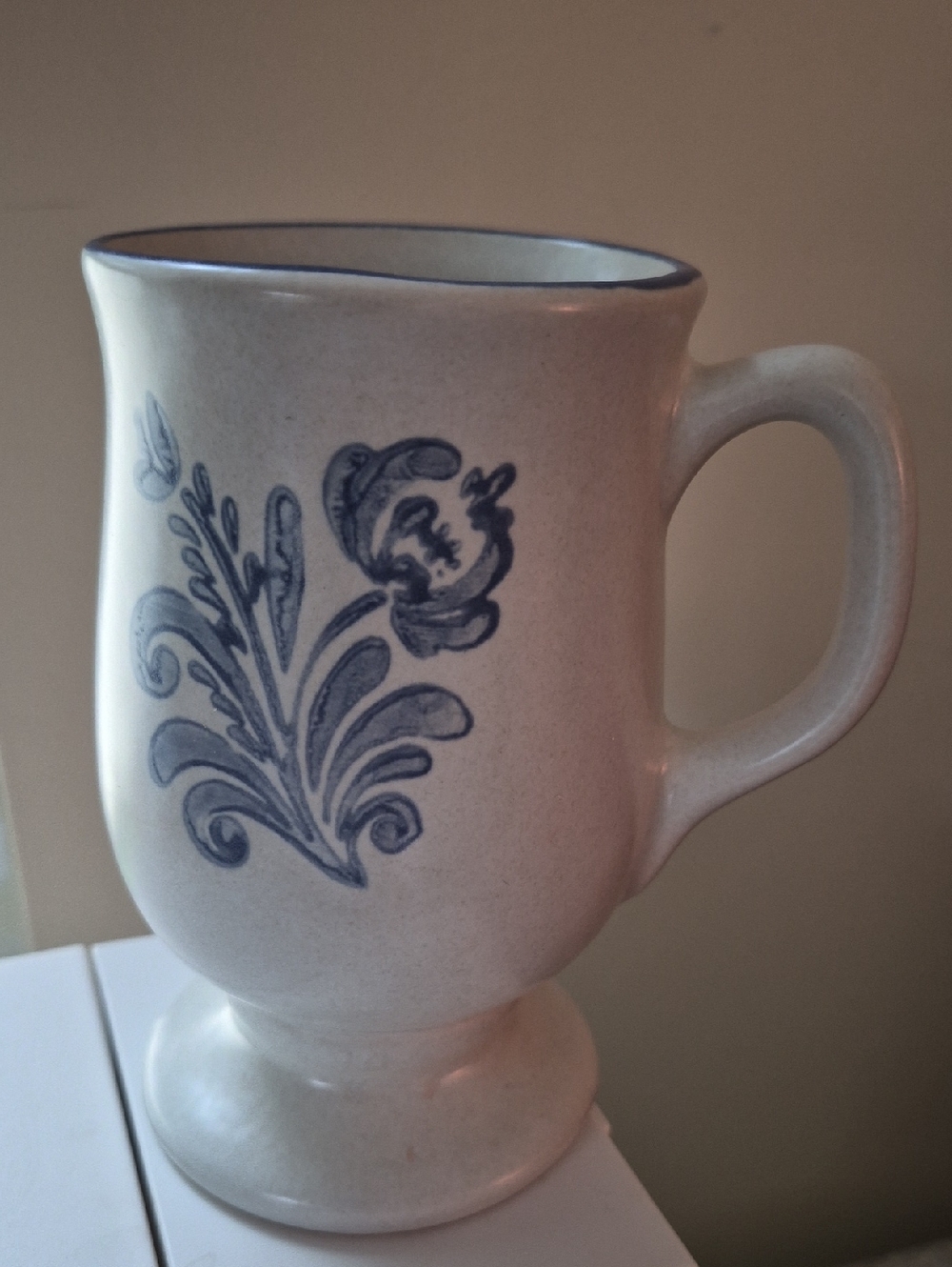 Pfaltzgraff Cream Ceramic Pedestal Mug with Blue Floral Accent